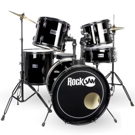 PDT RockJam Full-Sized Drum Kit with Five Drums, Two Cymbals, Drum Throne & Drumsticks - Blue
